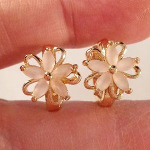 18K Yellow Gold Filled Flower Pink Opal Diamond Zircon Hoop Huggie Earrings Gift